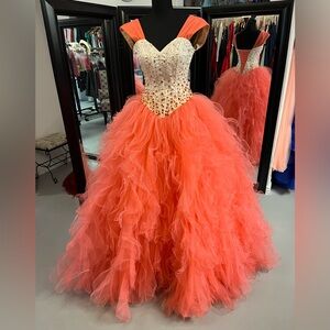 Elegant Coral Ball Gown with Beaded Bodice